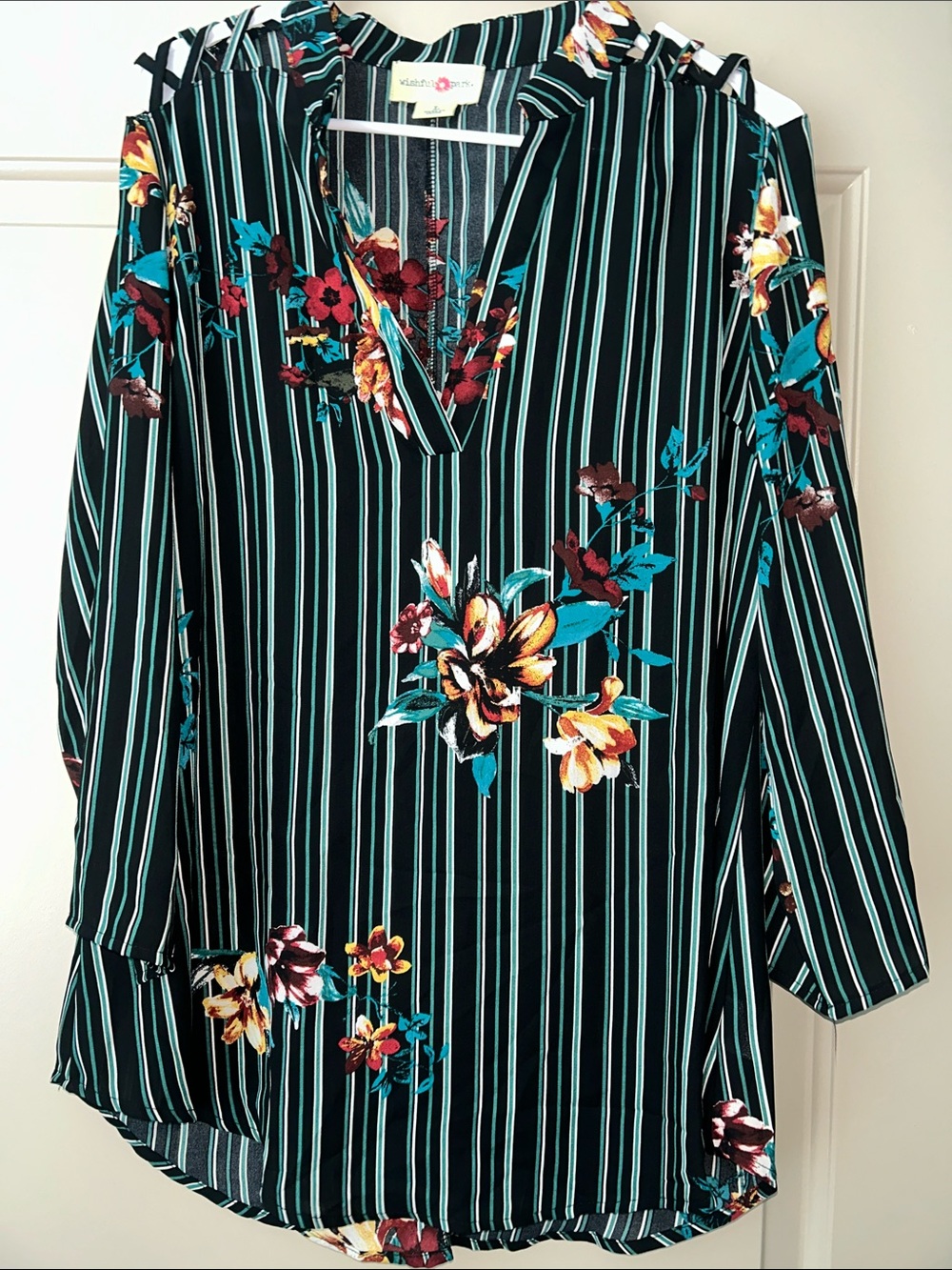 Wishful Park Black Striped V-Neck Tunic with Teal & Multi Floral Print - Picture 1 of 4